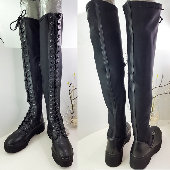 🔥Over Knee Lace-Up Zipped Black Platform Stretchy Socks Boots - Picture 5 of 10